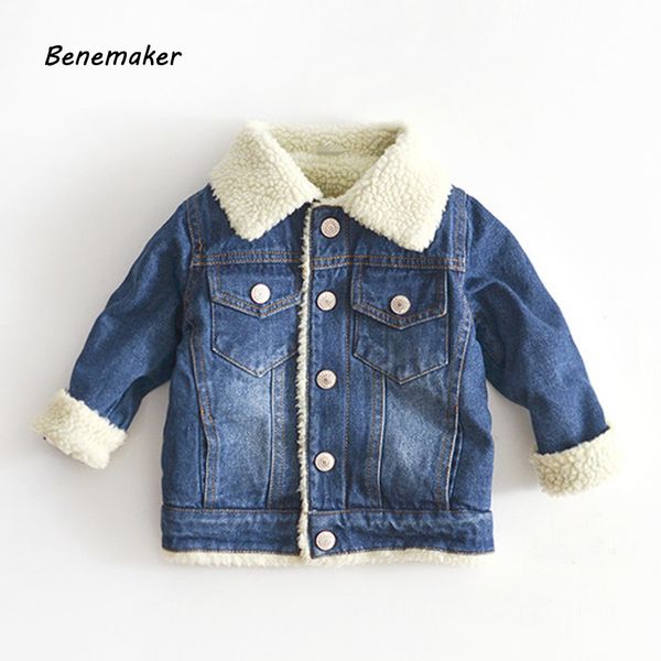 

benemaker girl boy jeans winter fleece denim jacket windbreaker children clothes cashmere baby thick coat kids outerwear ap068 c1012, Blue;gray