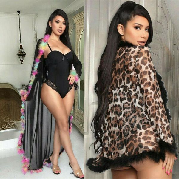 

women's swimwear women beachwear mesh sheer perspective leopard print coat long sleeve swim cover up /by, White;black