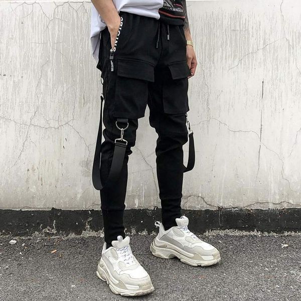 

cargo pants joggers men black harem pants multi-pocket ribbons man sweatpants streetwear casual elastic waist male trouser