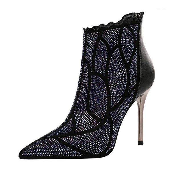 

boots meriahzheng fashion banquet metal heel thin heeled ultra-high pointed slimming nightclub crystal ankle ds-8663-81, Black