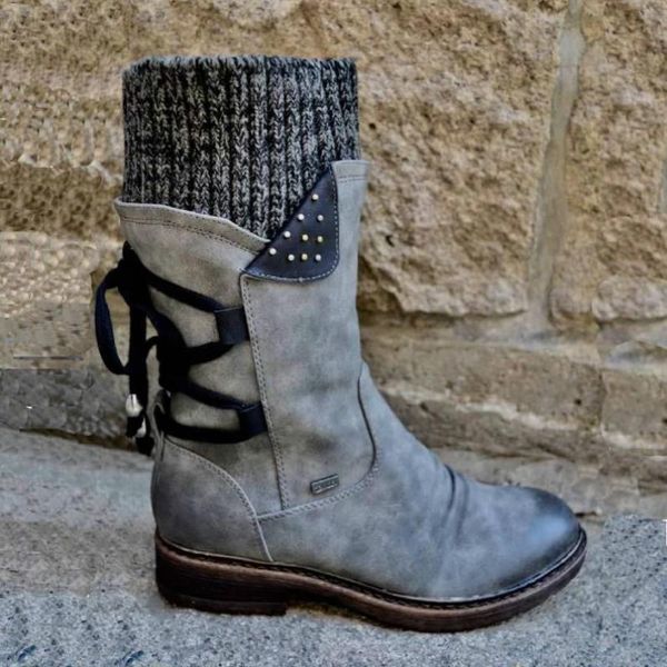 

2020 women boots autumn pu mid-calf boots with back lace-up design solid color low heels shoes botas mujer, Black