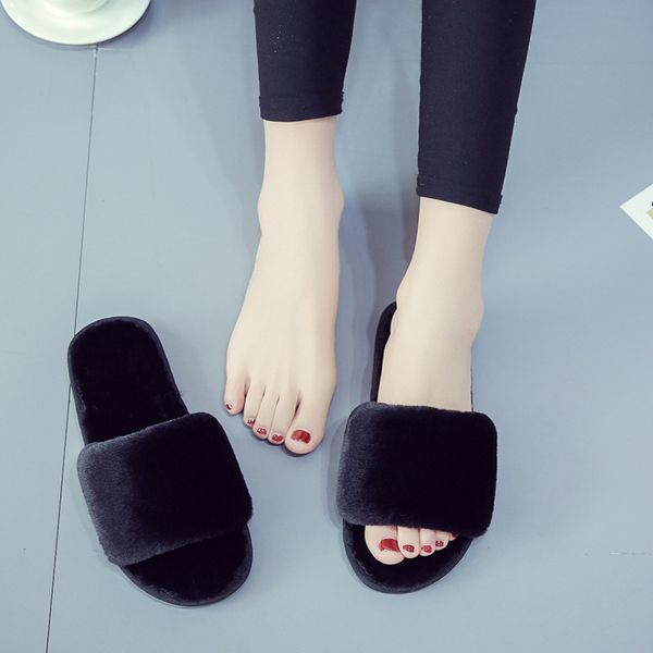 

fashion winter plush women slippers female wear-resistant flat plush shoes fur slides woman indoor furry home slippers mtx55 x1020, Black