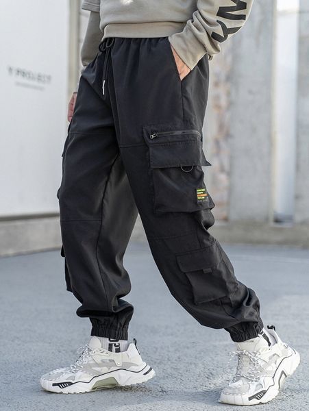 

men patch detail drawstring waist cargo pants a2t4#, Black