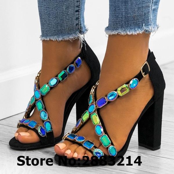

dress shoes cross strap crystal women sandals open toe diamond chunky heels pumps lady amazing rhinestone high plus size 43, Black