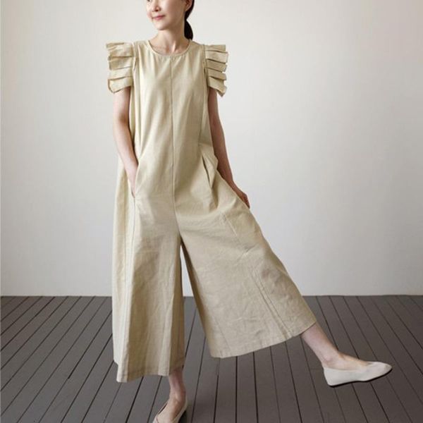 

ewq] 2020 летний новый o шеи свободный хлопок белье повседневная женщины хаки wide leg комбинезоны складки оборки рукавов комбинезоны qv102, Black;white