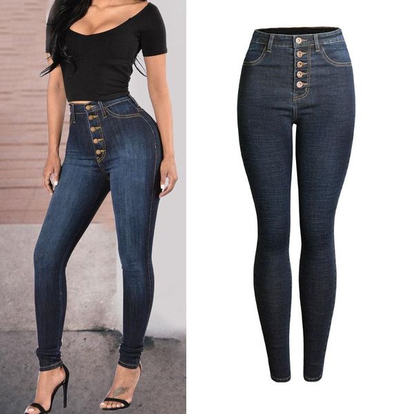 

autumn and winter new thickening simple feet jeans women high waist was thin pencil pants slim multi-button trousers, Blue