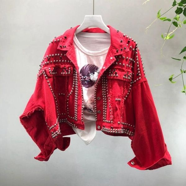

2020 spring autumn women's red denim jacket coat heavy hand beaded rivet short black jeans jackets students basic coats outfit, Black;brown