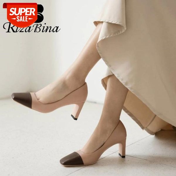 

rizabina women pumps shoes real leather square toe thick heels shoes women fashion mixed color simple style footwear size 33-41 #op69