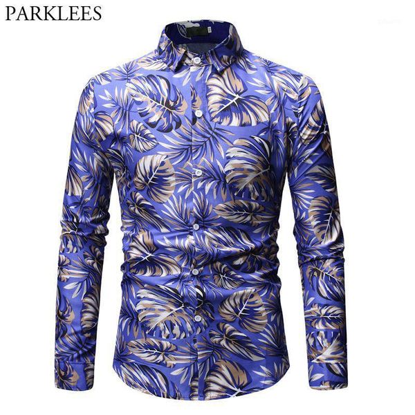 

stylish leaves printed slim fit dress shirts men 2020 spring new long sleeve camisa masculina casual party social shirt male 3xl1, White;black