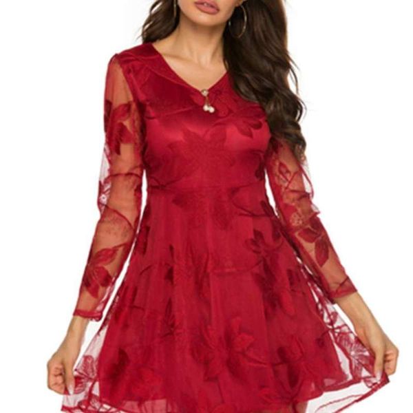 

dress new v-neck lace perspective large women's short skirt, Black;gray