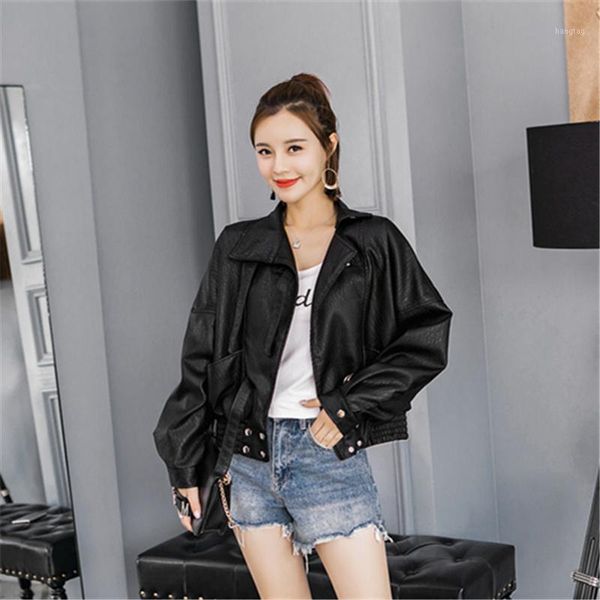 

korean loose long sleeve motorcycle leather jacket women spring 2020 short black ladies faux leather coat streetwear1
