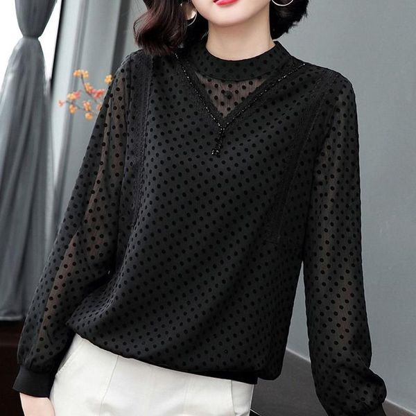 

plus size chiffon blouses women casual shirt new 2020 korean style fashion lace polka dot elegant ladies and blouses p471, White