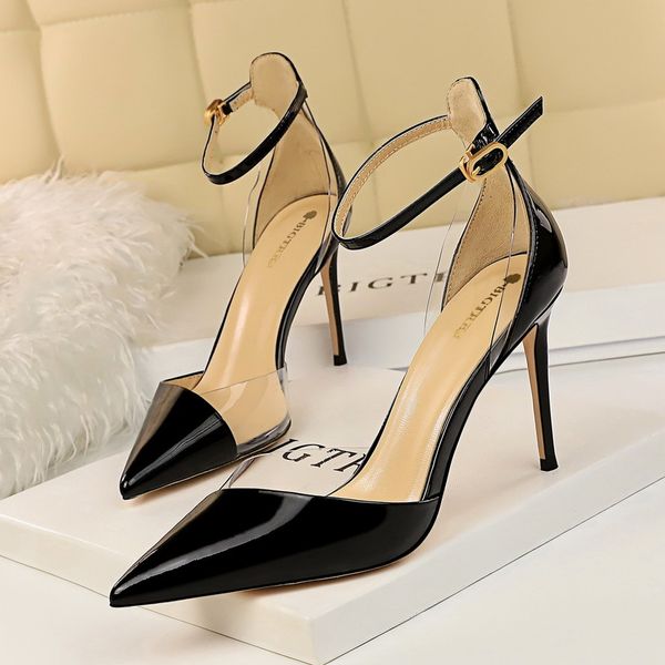 

2021 new european and fashion super heels, high-heeled mouth-print tip club, hollow field, sandals 3lam, Black