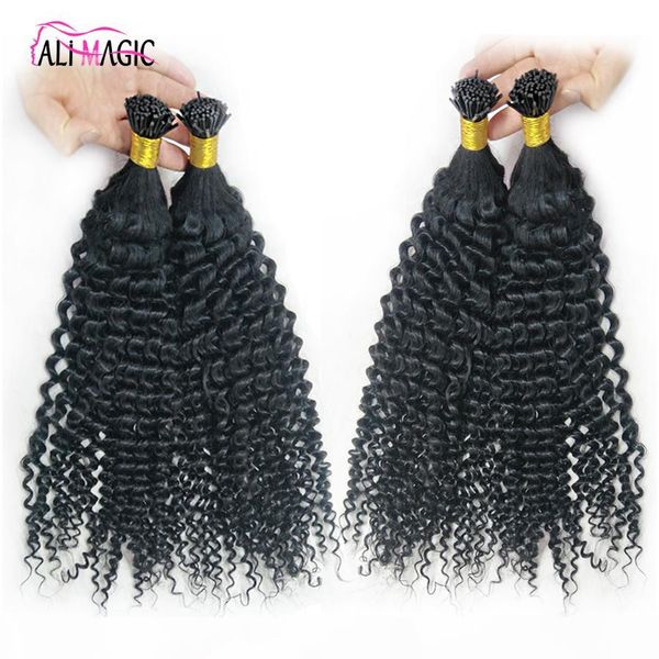 

afro kinky curly i tip hair extension human 1g s 100s italian keratin pre bonde hair natural color virgin hair 14, Black