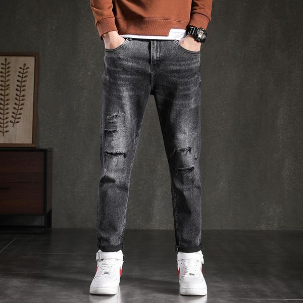 

men's jeans 2021 black logo autumn/winter tattered korean version wash, go with anything leisure small leg pants, Blue