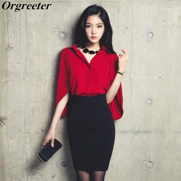 

3 colors cloak shawl sleeves shirts 2 piece set for women summer fashion black bodycon pencil skirt office style matching sets1, White