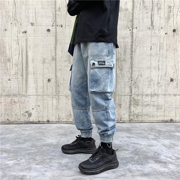 

2019 men's wash leisure stretch slim fit casual pants homme cargo pocket jeans biker denim high-quality trousers plus size -2xl1, Blue
