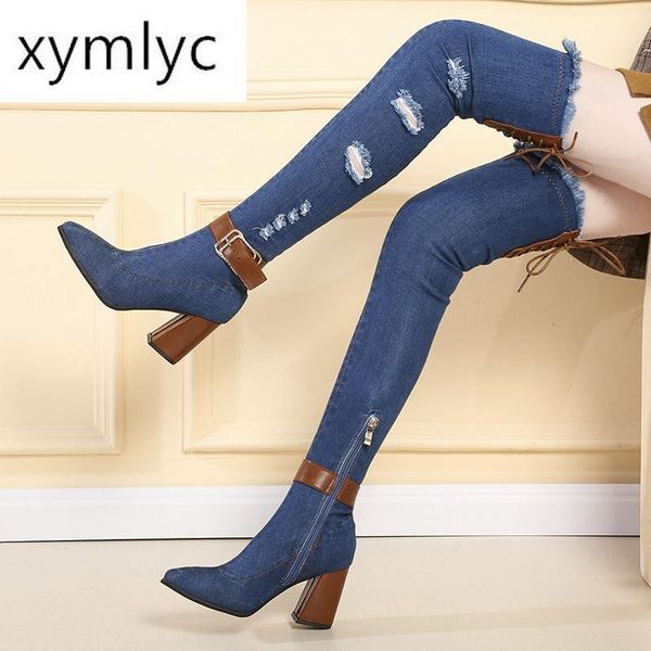 

boots rimocy women slim thigh high denim spring 2021 chunky heels shoes woman casula cowboy over the knee botas mujer1, Black