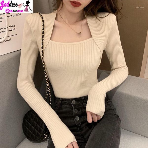 

2xl autumn and winter wear a 2020 new fake two-piece slim and thin long-sleeved square neck sweater bottoming shirt1, White;black