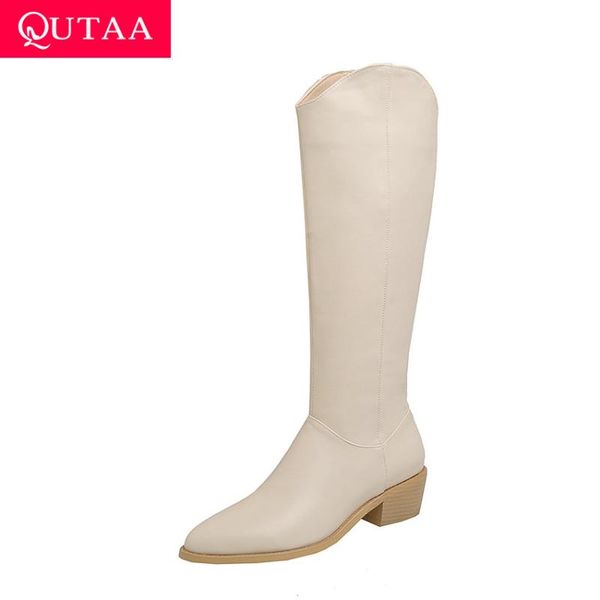 

qutaa 2021 pointed toe knee high boots square high heel zipper women shoes autumn winter pu leather long boots big size 34-43, Black