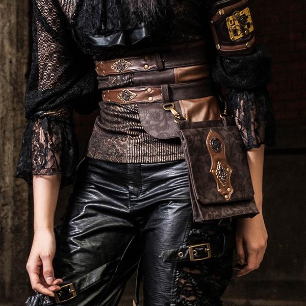 

gothic men women waist packs brown bags pu leather metal decoration compass decoration vintage cross bags for women