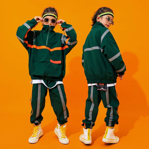 

boys hip-hop dance costume green long sleeve coat hip hop pants street wear autumn winter children school stage costume bi020, Black;red