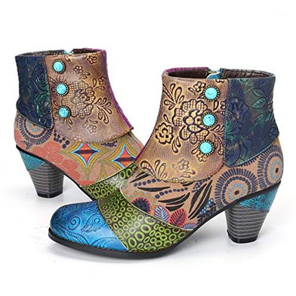 

vintage splicing printed ankle boots for women shoes woman pu leather retro block high heels women boots 20201, Black