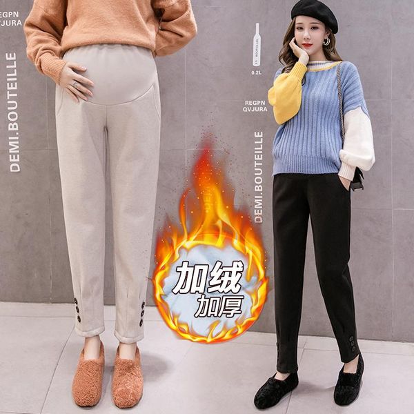 

1121# winter thick warm plus velvet woolen maternity pants belly straight casual trousers clothes for pregnant women pregnancy, White