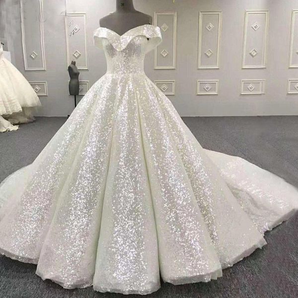 Neue Bling Bling Brautkleider, schulterfrei, glitzernd, Korsett-Rücken, Ballkleid, Brautkleider, Robes de Mari￩e