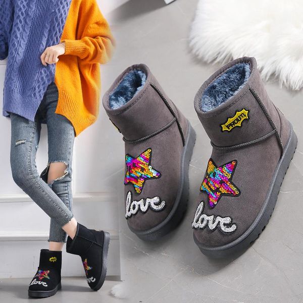 

snow boots female students korean short boots 2020 winter new flat bottom plus velvet warm cotton shoes thick bread shoes, Black