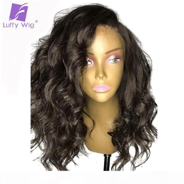 

glueless 13x6 lace front wigs human hair with baby hair bleached knots wavy peruvian remy pre plucked 150%-180% luffy, Black;brown