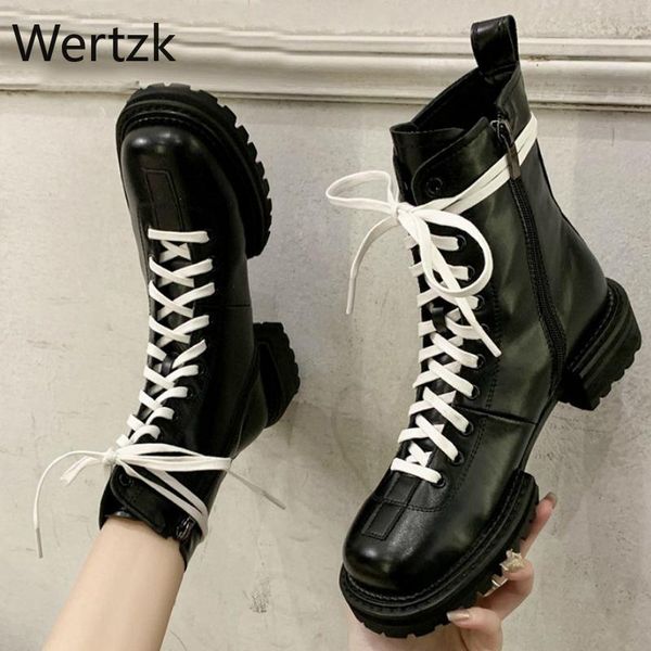 

boots 2021 platform shoes pu leather waterproof ankle for women autumn winter fashion flat heels lace up botas mujer, Black