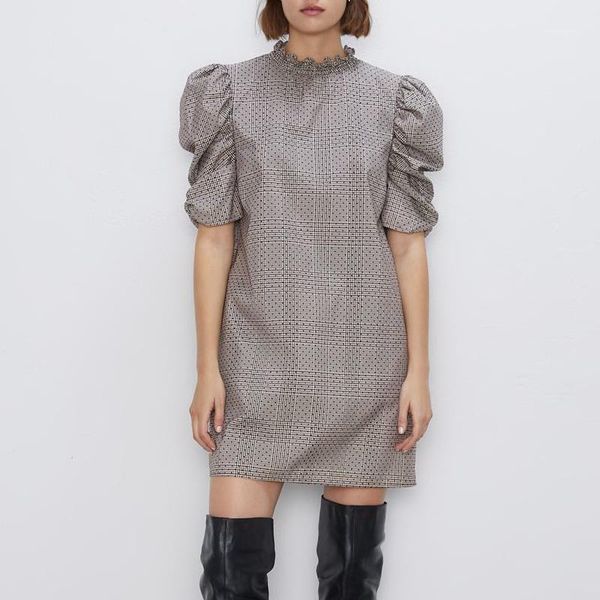 

spring new women dress 2020 fashion plaid puff sleeve modern lady above knee dresses1, Black;gray