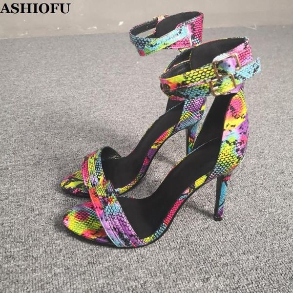 

ashiofu real ps handmade ladies high heel sandals print-snake party summer shoes stiletto evening fashion sandals shoes, Black