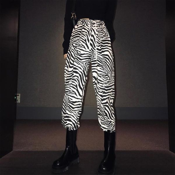 

woman zebra long sportwear high waist pants adjustable cuff, Black;white