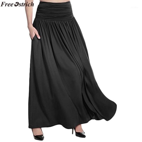 

ostrich women high waist solid maxi skirt ladies casual swing gypsy long skirt women summer plus size pleated pocket11, Black