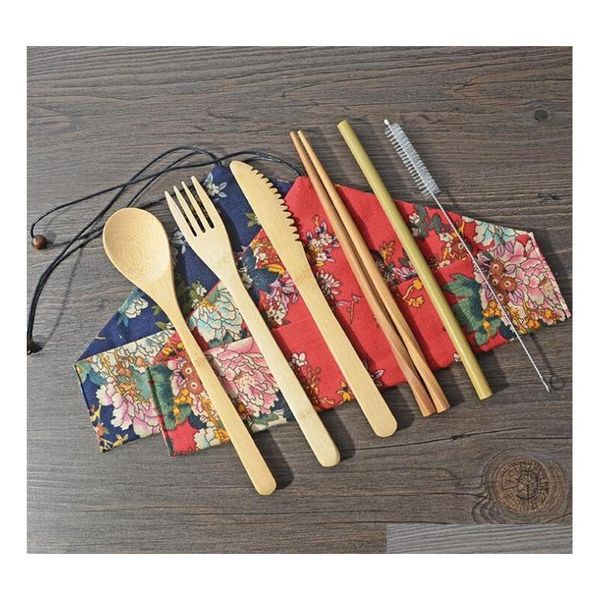 

6 designs bamboo flatware set 7pcs/set portable cutlery set with cloth bag dinnerware set knife fork spoon chopsticks qylabm lyqlove