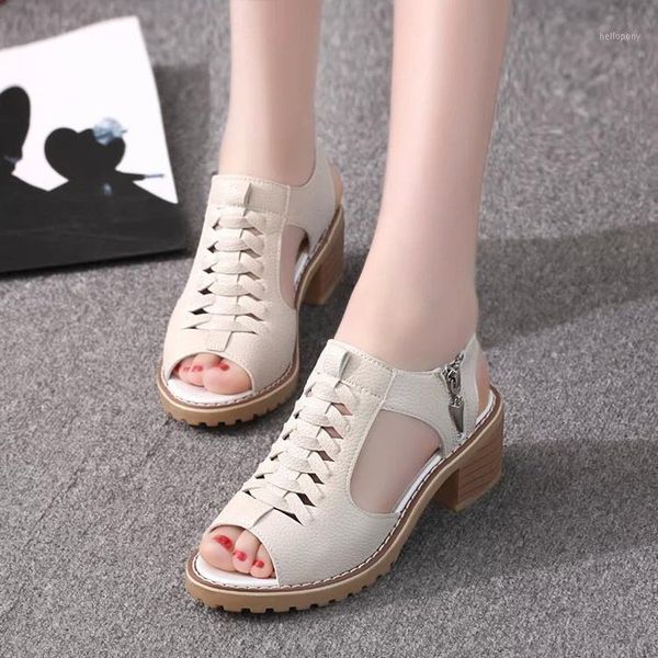 

women's sandals 2021 summer new women's sandals thick heel mid-heel female hollow roman shoes1, Black