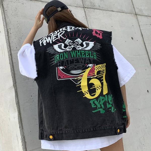 

hole print denim jacket women coat streetwear bomber denim coat women vest womens vest loose sleeveless jacket1, Black;white