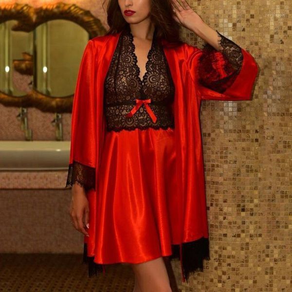 

ladies night skirt suit stylish charming multicolor two-piece bathrobe skirt beauty lingerie lace pajamas set1, Black;red