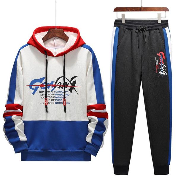 

athletic wear mens long sleeve winter velvet sport suits casual mixed color fashion street style youth outfits jogger set, Black;blue
