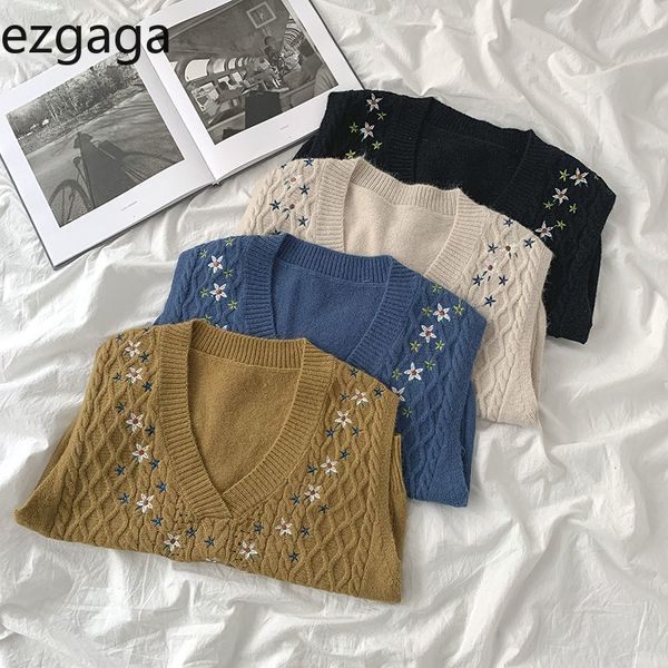 

ezgaga women sweater vest fashion autumn japanese preppy style female floral embroidery v-neck sleeveless waistcoat elegant 210204, Black;white