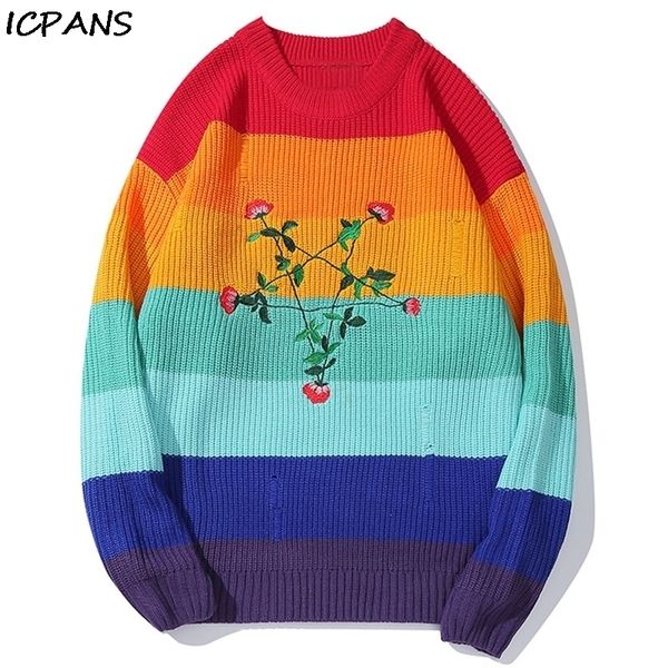 

icpans loose rainbow sweater for man flower embroidery pullover sweaters winter streetwear hip hop men knitted sweater 201022, White;black