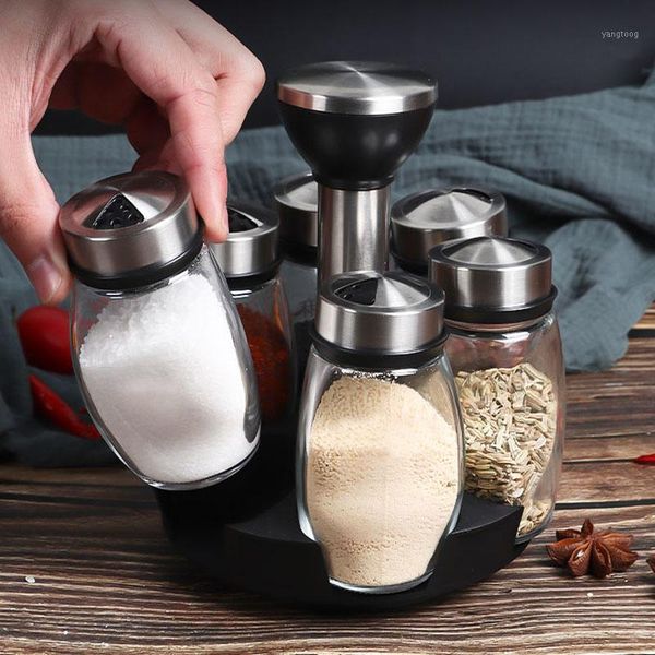 

rotating seasoning box storage jar 304 stainless steel glass storage box combination set kitchen gadgets1