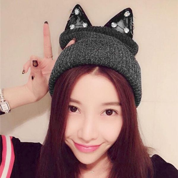 

beanie/skull caps warm winter hat for women 2021 wool knitted devil horns cat ear rhinestone lace hats female beanies bonnet femme, Blue;gray
