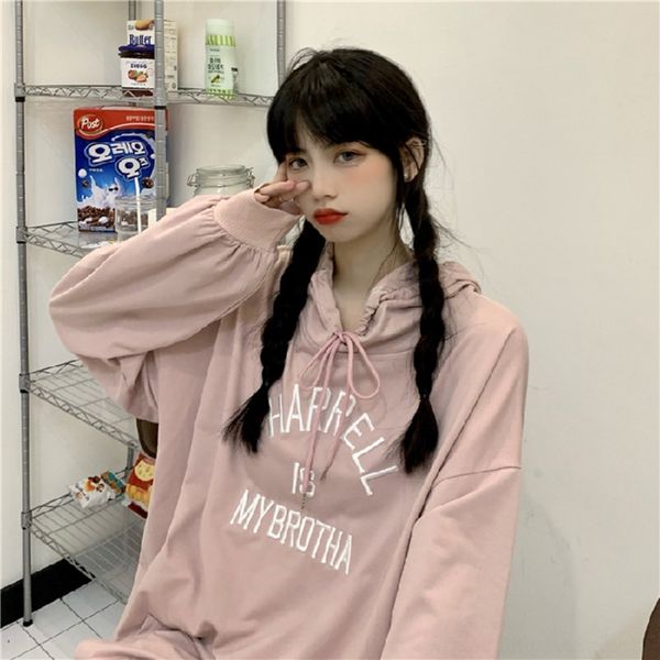 

q0yix hong kong fashion letter women's autumn new bf brand embroidery pink long hooded pullover loose pullover sweater hipster sleeve v, Black