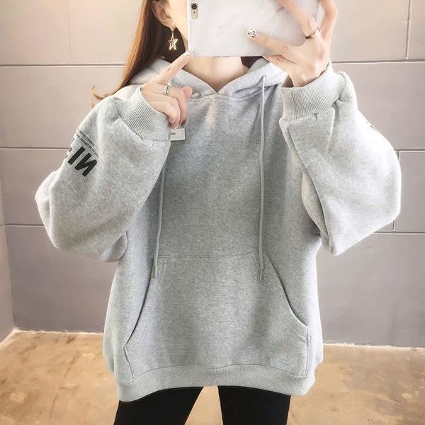 

2021 winter hooded sweatshirt women letter long sleeve velvet pullover hoodies femme casual chandail loose pocket suéter1, Black