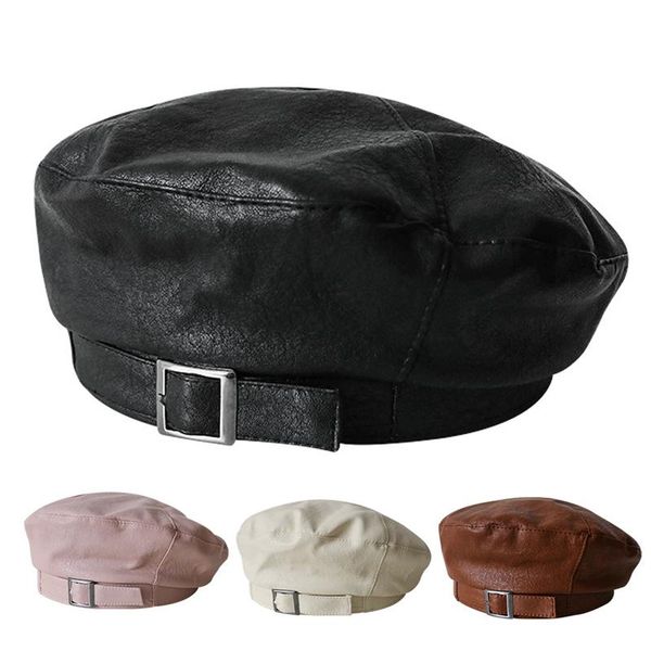 

pu leather beret hat women cap female beanie beret caps, Blue;gray