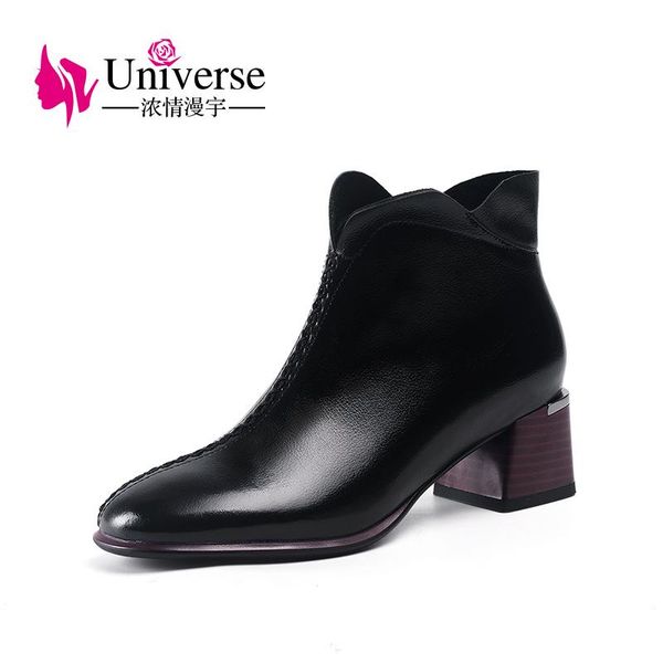 

boots universe women genuine leather round toe sweet shoes lady elegant square high heels 5cm latest design zipp ladies j316, Black