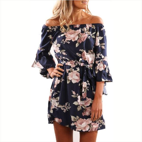 

women dress summer off shoulder floral print chiffon dress women boho style short ladies mini party beach dresses vestidos, Black;gray